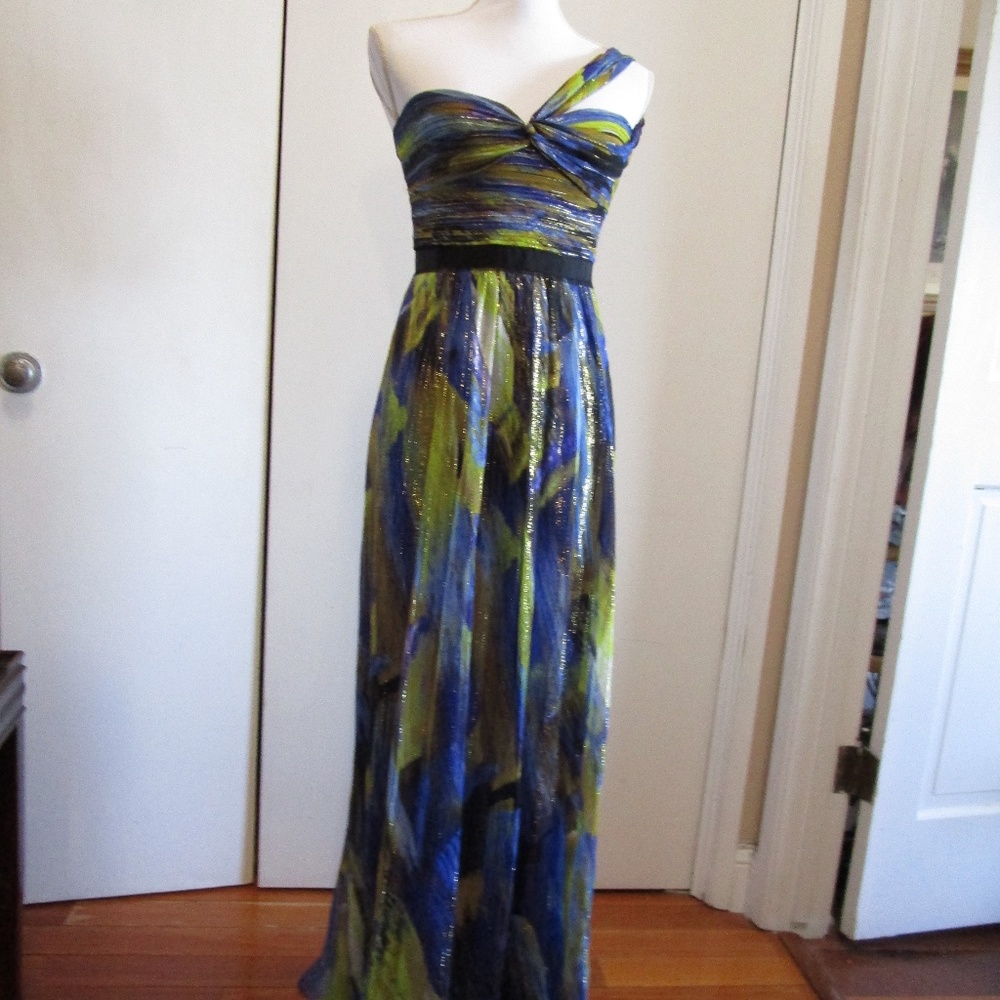 BCBG Long Evening Dress with one-shoulder design in Metallic Blue and Green NWOT